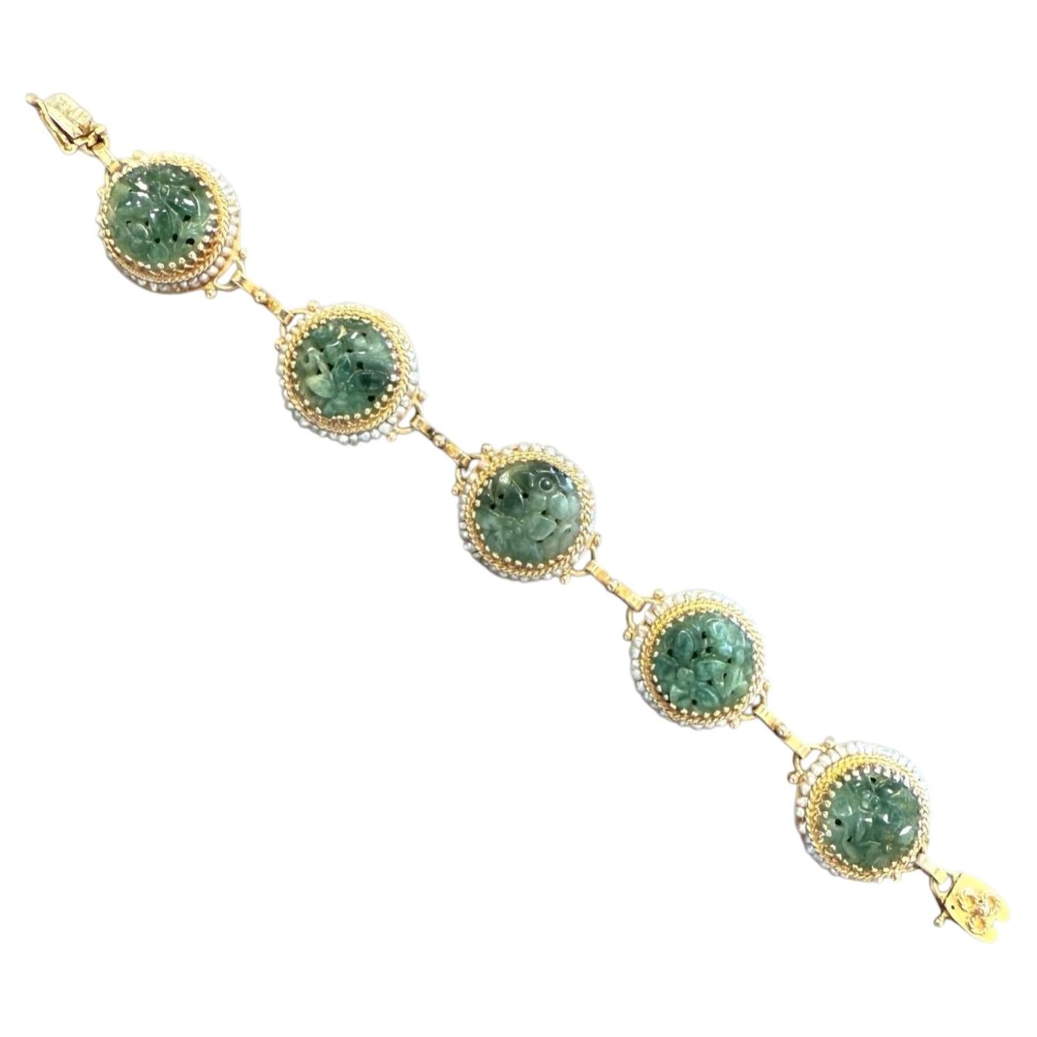 Bracciale vintage di giada intagliata e perle di mare in oro giallo 14K