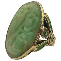 Vintage Carved Jadeite and Green Enamel Cocktail Ring