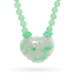 Vintage Carved Jadeite Dragon with Jadeite Beaded Strand Necklace