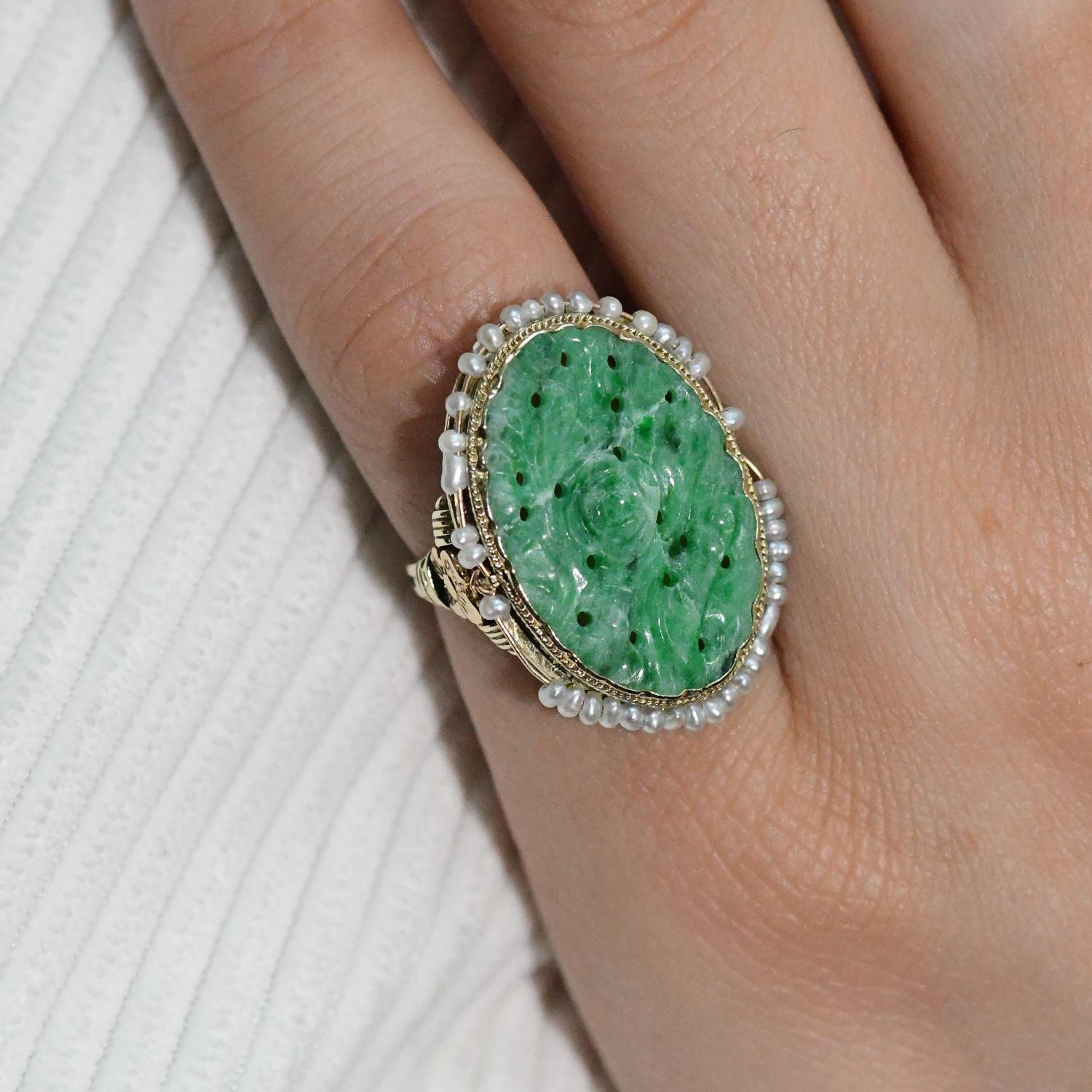 Vintage Carved Jadeite Ring Encircled with Seed Pearls 14 Karat Yellow Gold In Good Condition For Sale In Daytona Beach, FL