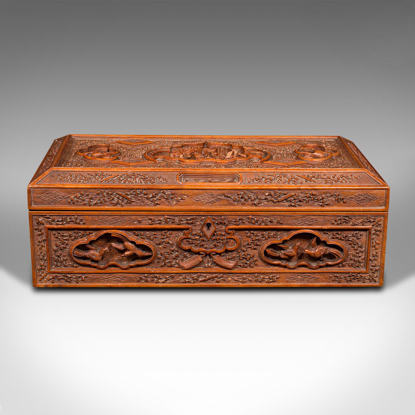 Chinoiserie Vintage Carved Keepsake Case, Chinese, Satinwood, Decorative Box, Circa 1950 For Sale