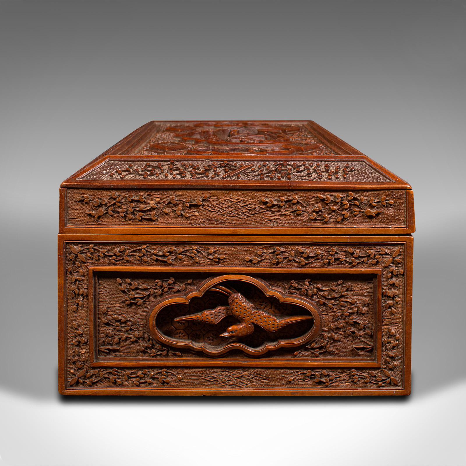 Mid-20th Century Vintage Carved Keepsake Case, Chinese, Satinwood, Decorative Box, Circa 1950 For Sale