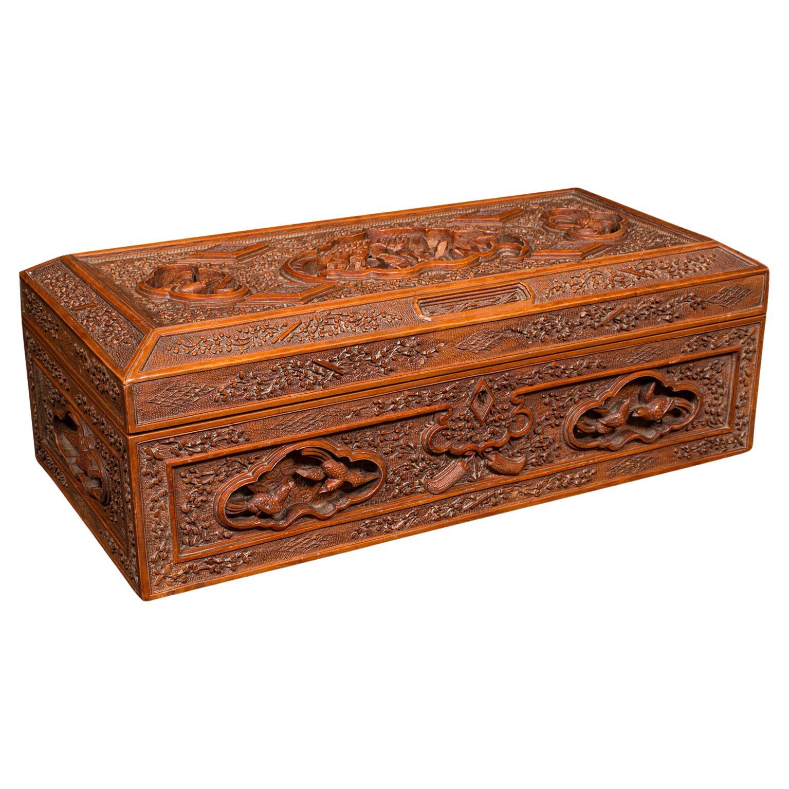 Vintage Carved Keepsake Case, Chinese, Satinwood, Decorative Box, Circa 1950 For Sale