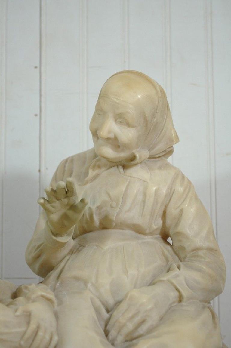 Stone Vintage Carved La Favola Della Nonna Marble Statue Sculpture Tale of Grandma