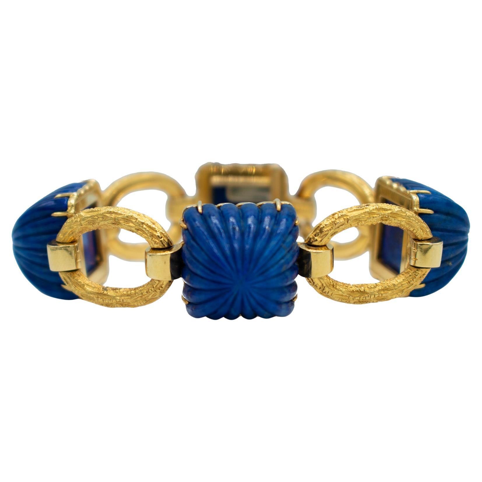 Bracelet Vintage en Lapis Lazuli sculpté et or martelé 18ct