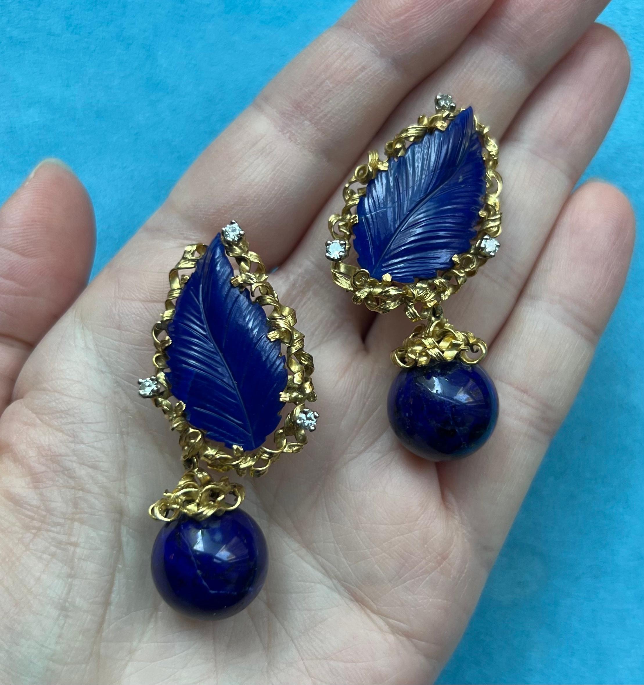 Mixed Cut Vintage Carved Lapis Lazuli, Diamond, 18 Karat Yellow Gold Earrings, circa 1975 For Sale