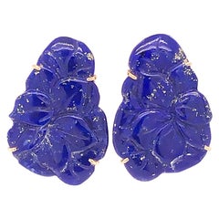 Vintage Carved Lapis Lazuli Floral Earrings in 14 Karat Yellow Gold