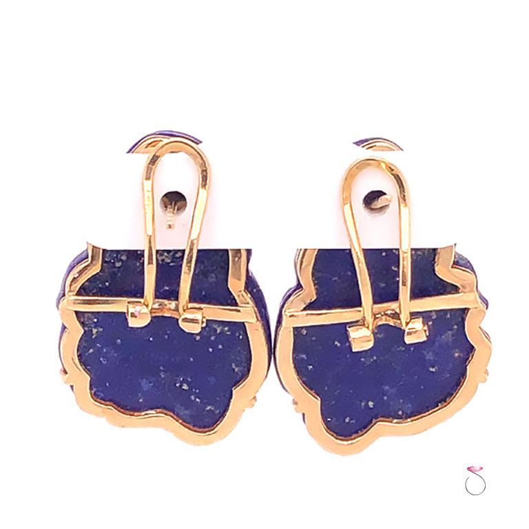 Mixed Cut Vintage Carved Lapis Lazuli Floral Earrings in 14 Karat Yellow Gold For Sale
