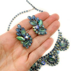 Vintage Carved Leaf Crystal Necklace & Earrings 1950s