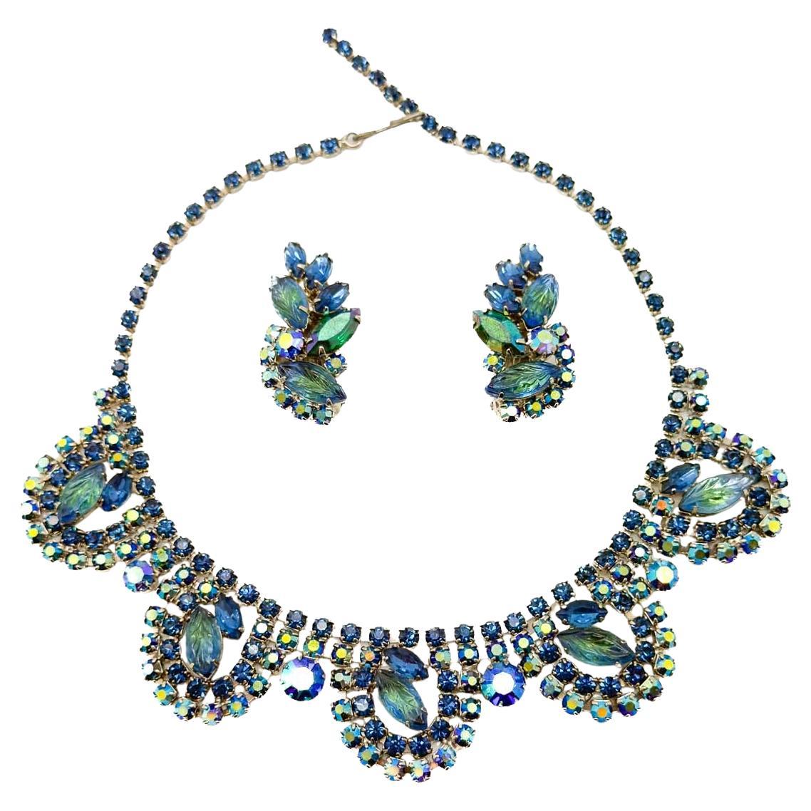 Vintage Carved Leaf Crystal Necklace & Earrings 1950s