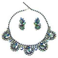Vintage Carved Leaf Crystal Necklace & Earrings 1950s