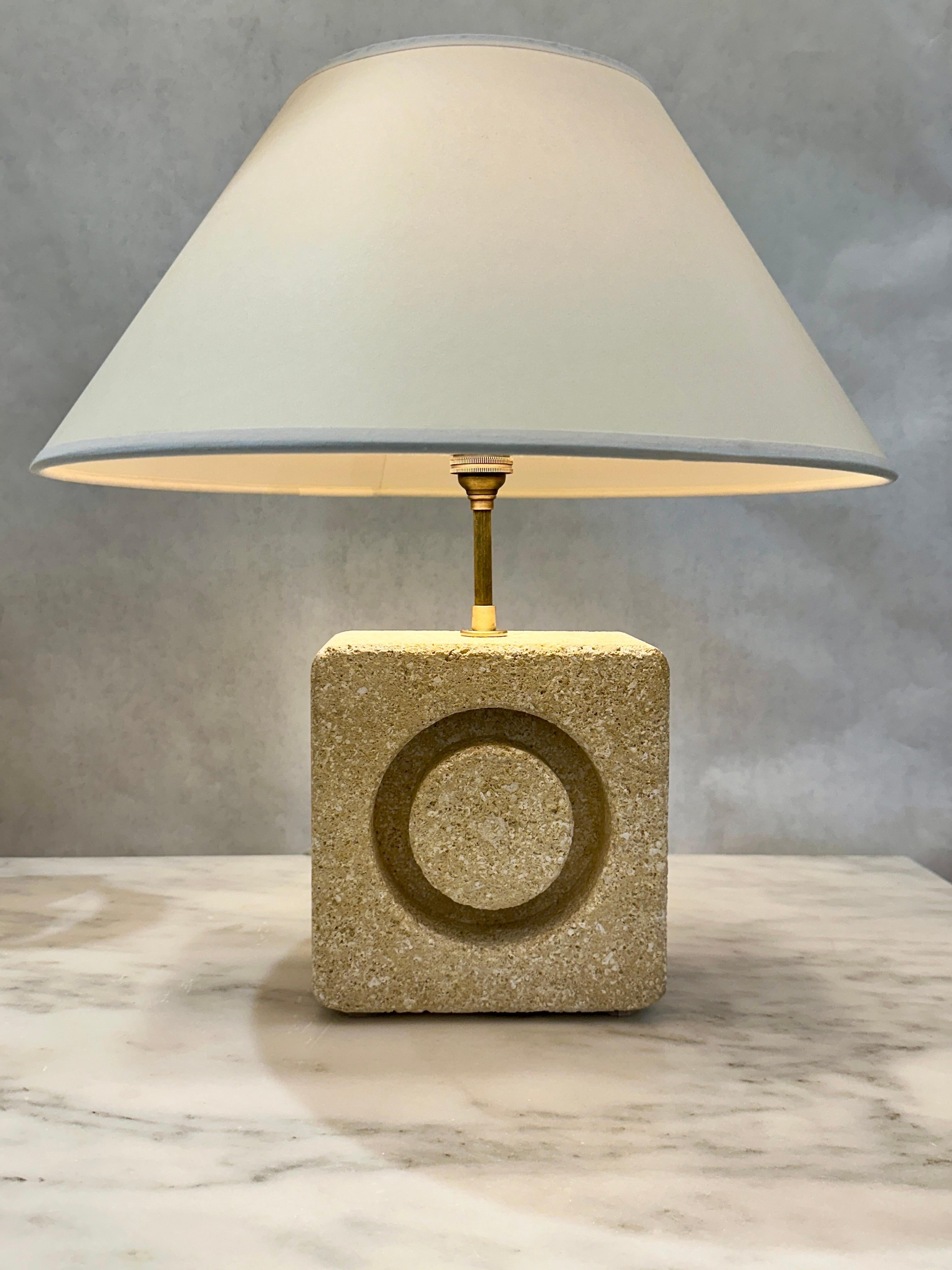 Vintage Carved Limestone Table Lamp France 1970 For Sale 4
