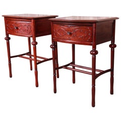 Vintage Carved Mahogany Chinoiserie Nightstands, Pair