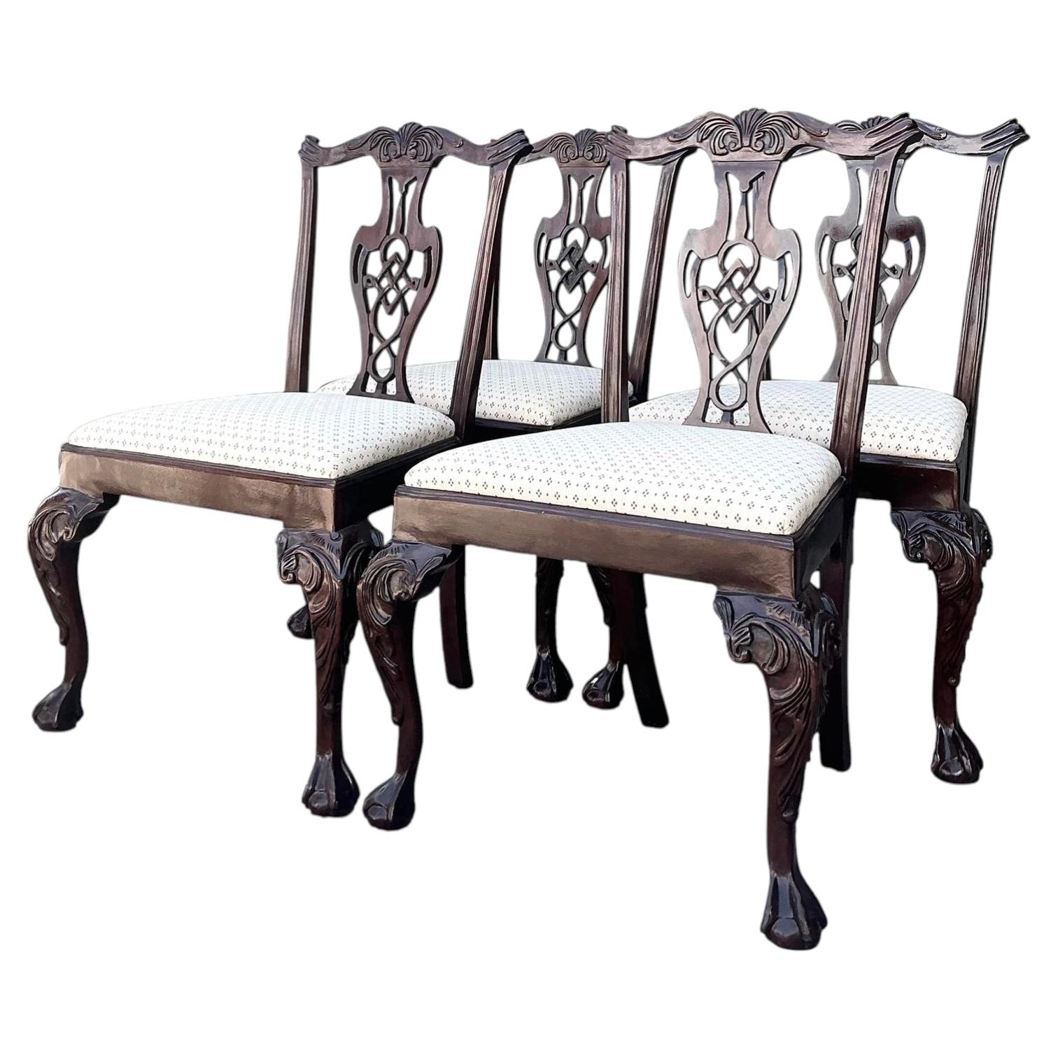 Vintage Carved Mahogany Chippendale Dining Chairs - Set of 4