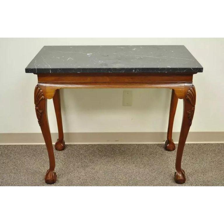 Vintage Carved Mahogany Chippendale Style Ball and Claw Marble Top Console Table For Sale 5