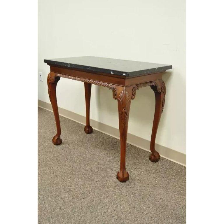 Vintage Carved Mahogany Chippendale Style Ball and Claw Marble Top Console Table For Sale 4