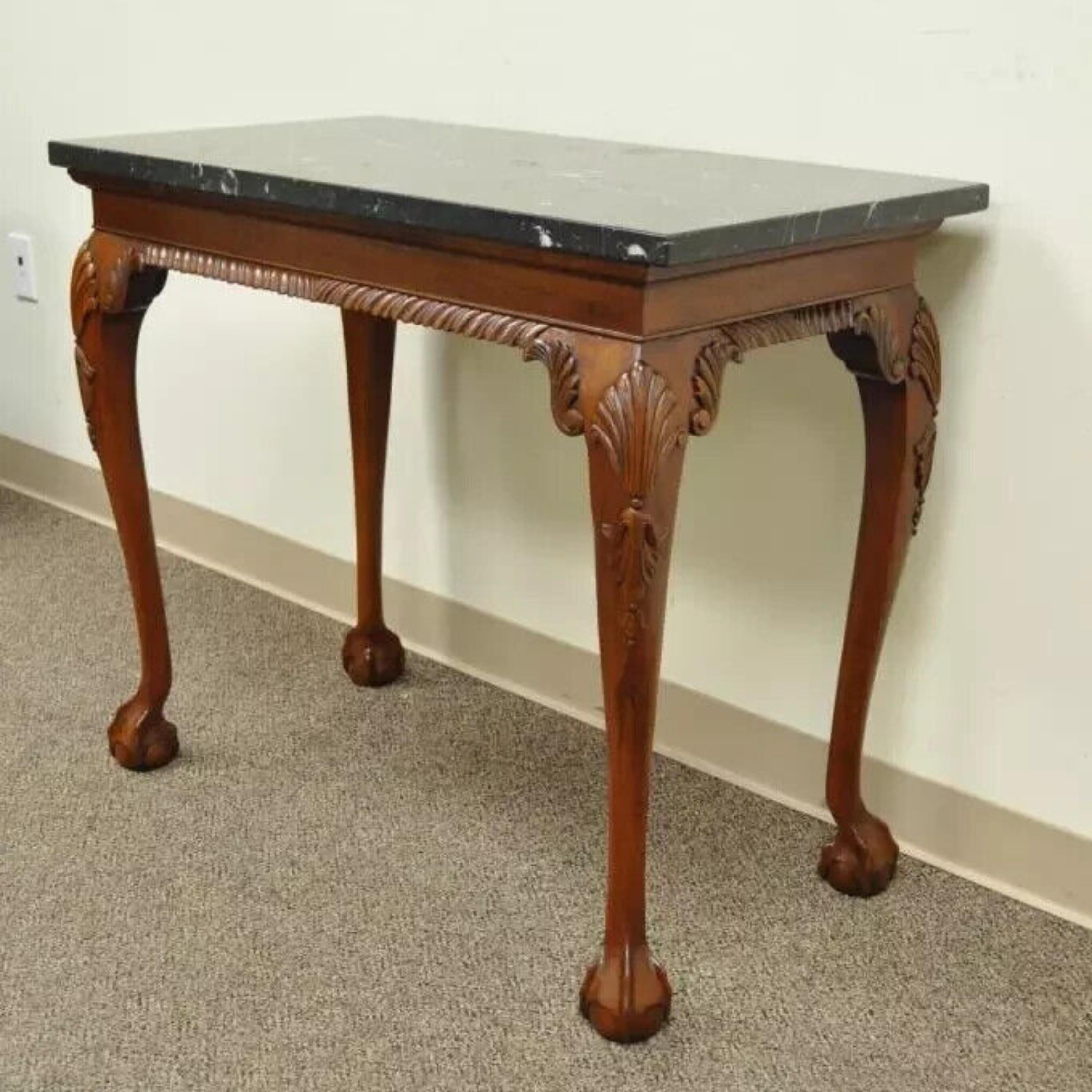 Vintage Carved Mahogany Chippendale Style Ball and Claw Marble Top Console Table For Sale 5