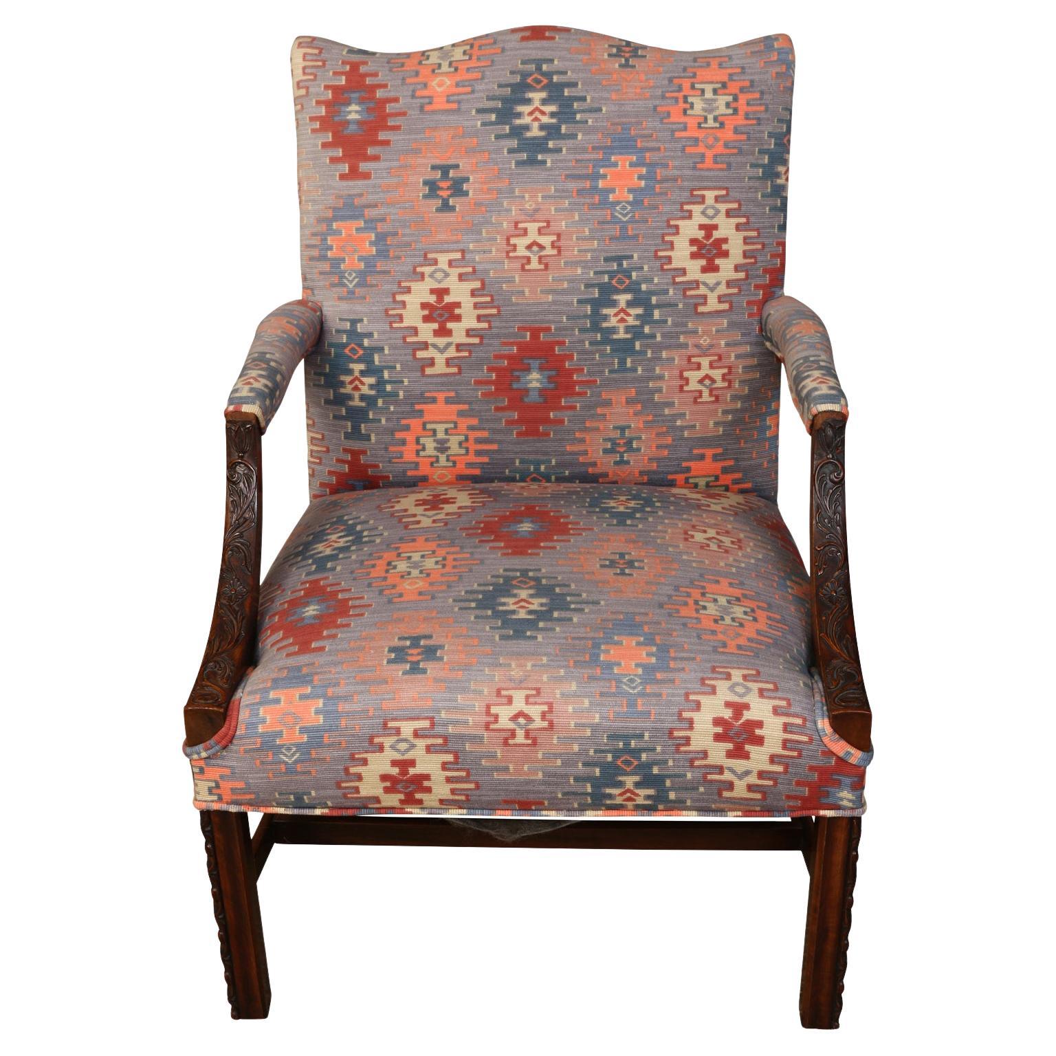 Vintage Carved Mahogany Library Chair in Ikat Kilim Fabric For Sale