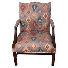 Used Carved Mahogany Library Chair in Ikat Kilim Fabric