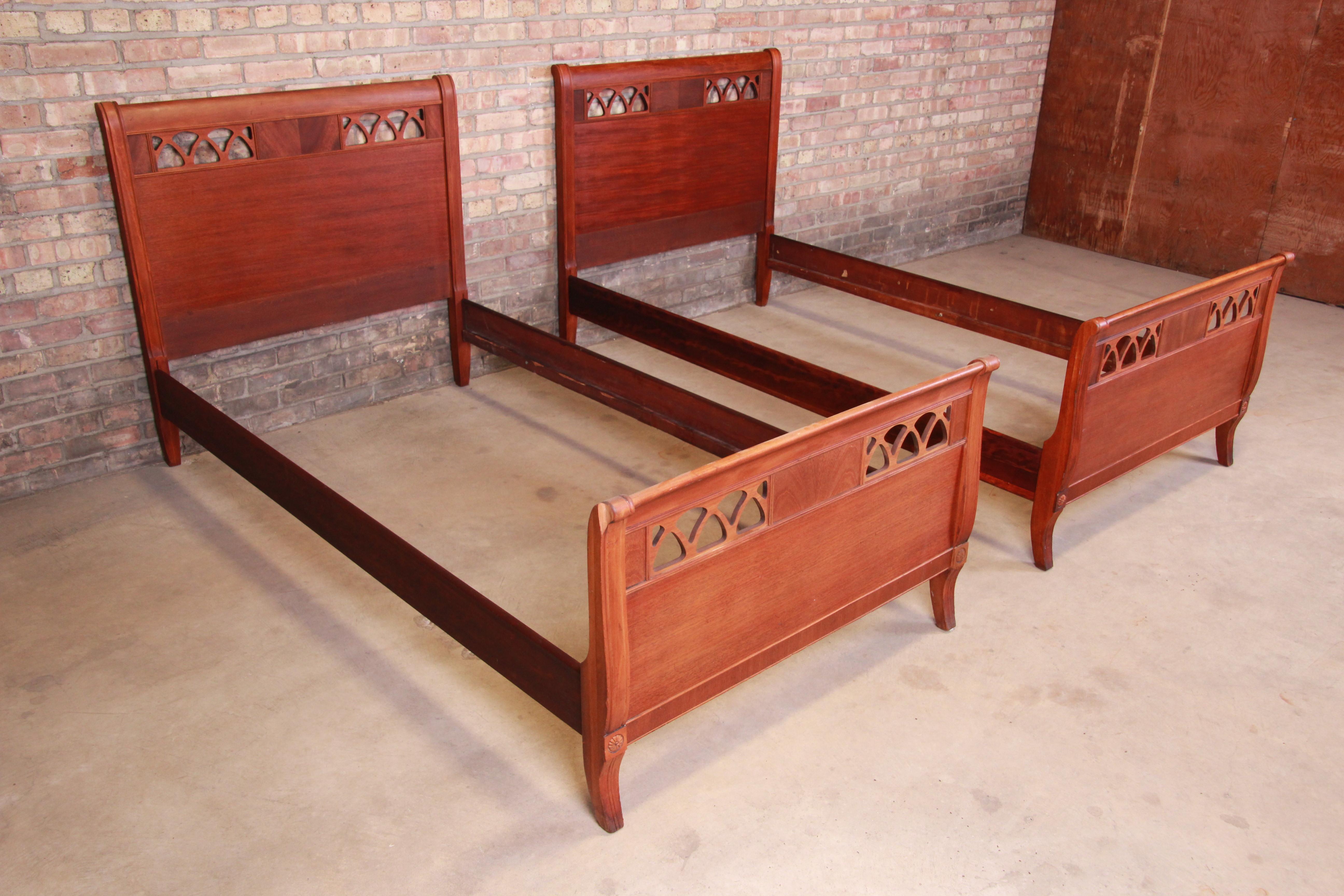 American Vintage Carved Mahogany Twin Beds, Pair