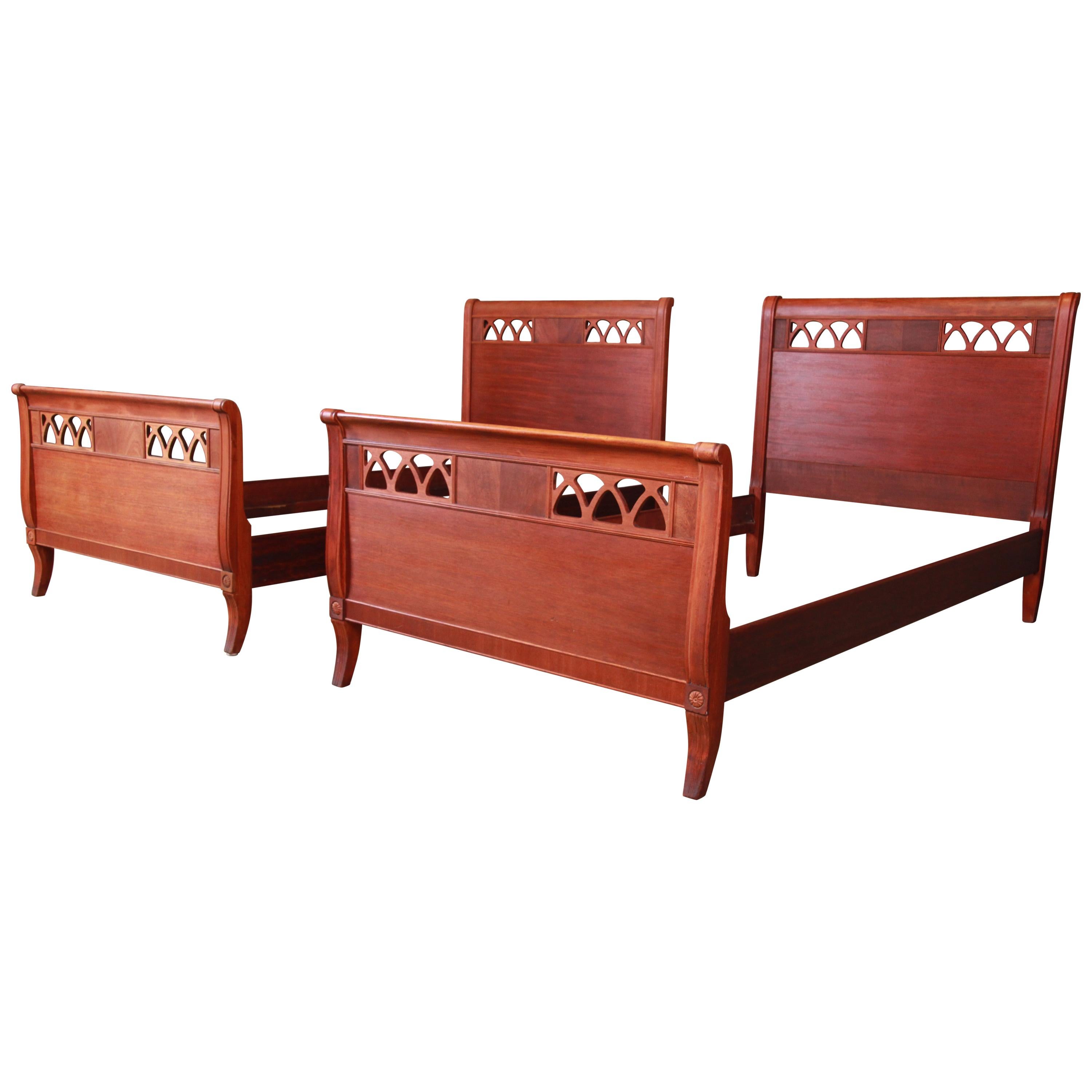 Vintage Carved Mahogany Twin Beds, Pair