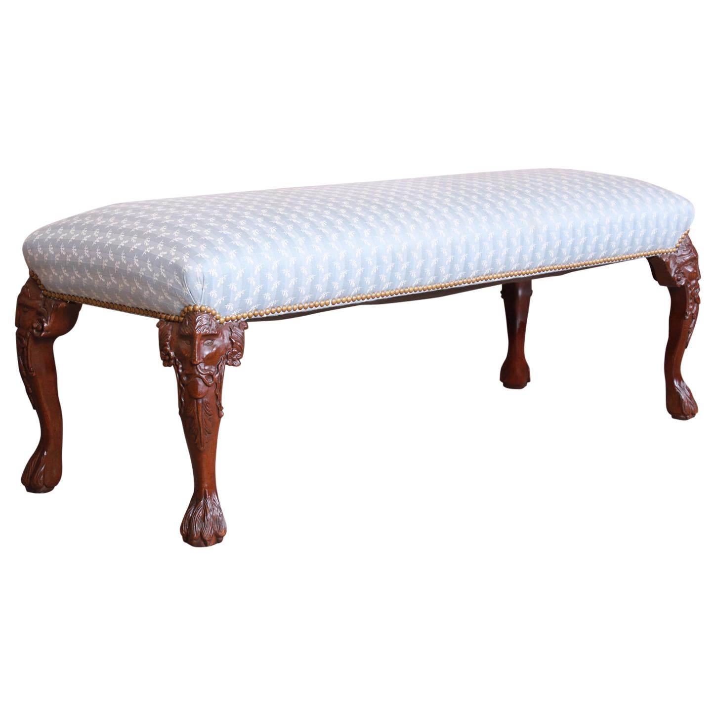 Vintage Carved Mahogany Upholstered Window Bench
