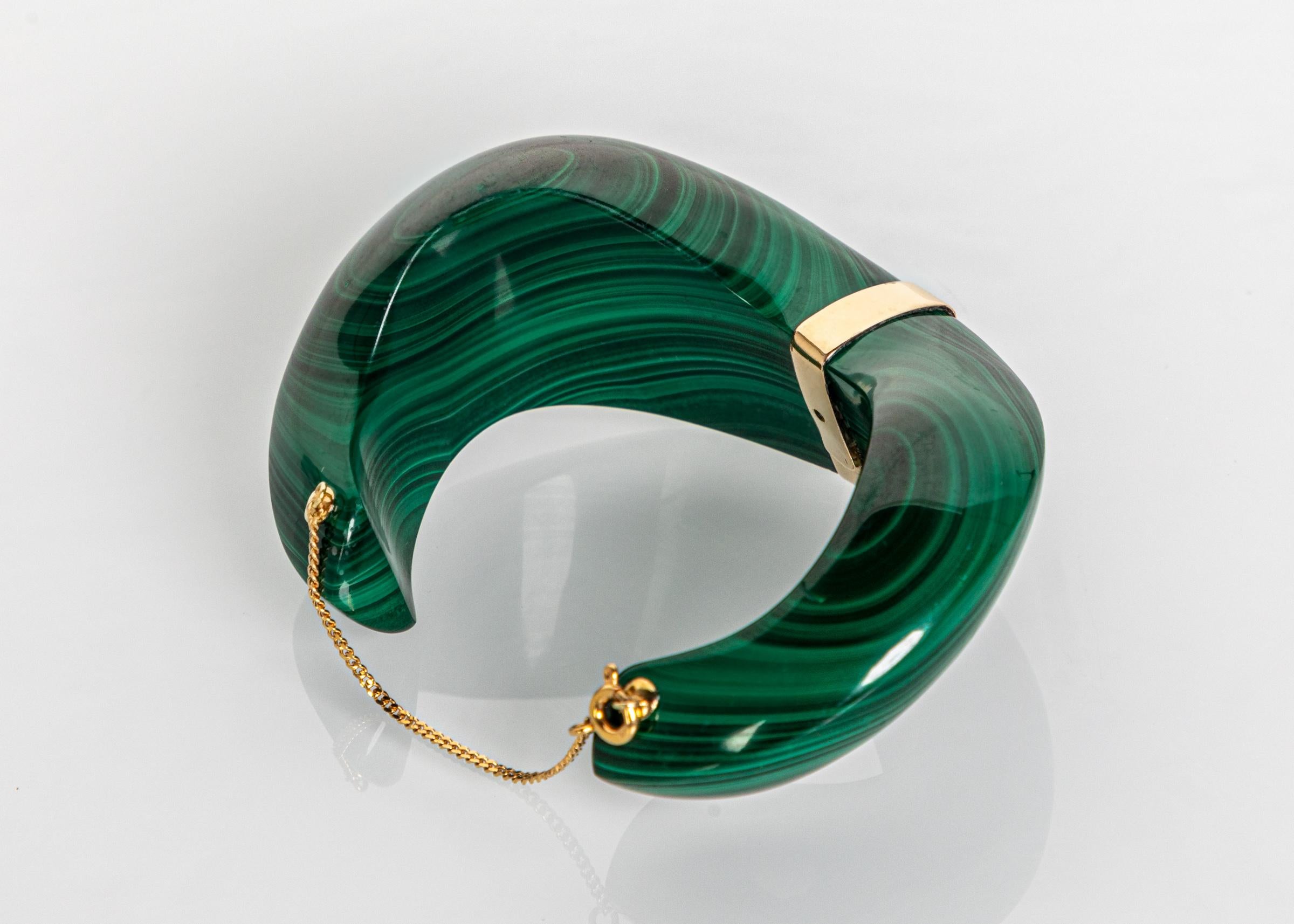 Vintage Carved Malachite Gold Detail Cuff Bracelet In Excellent Condition In Boca Raton, FL