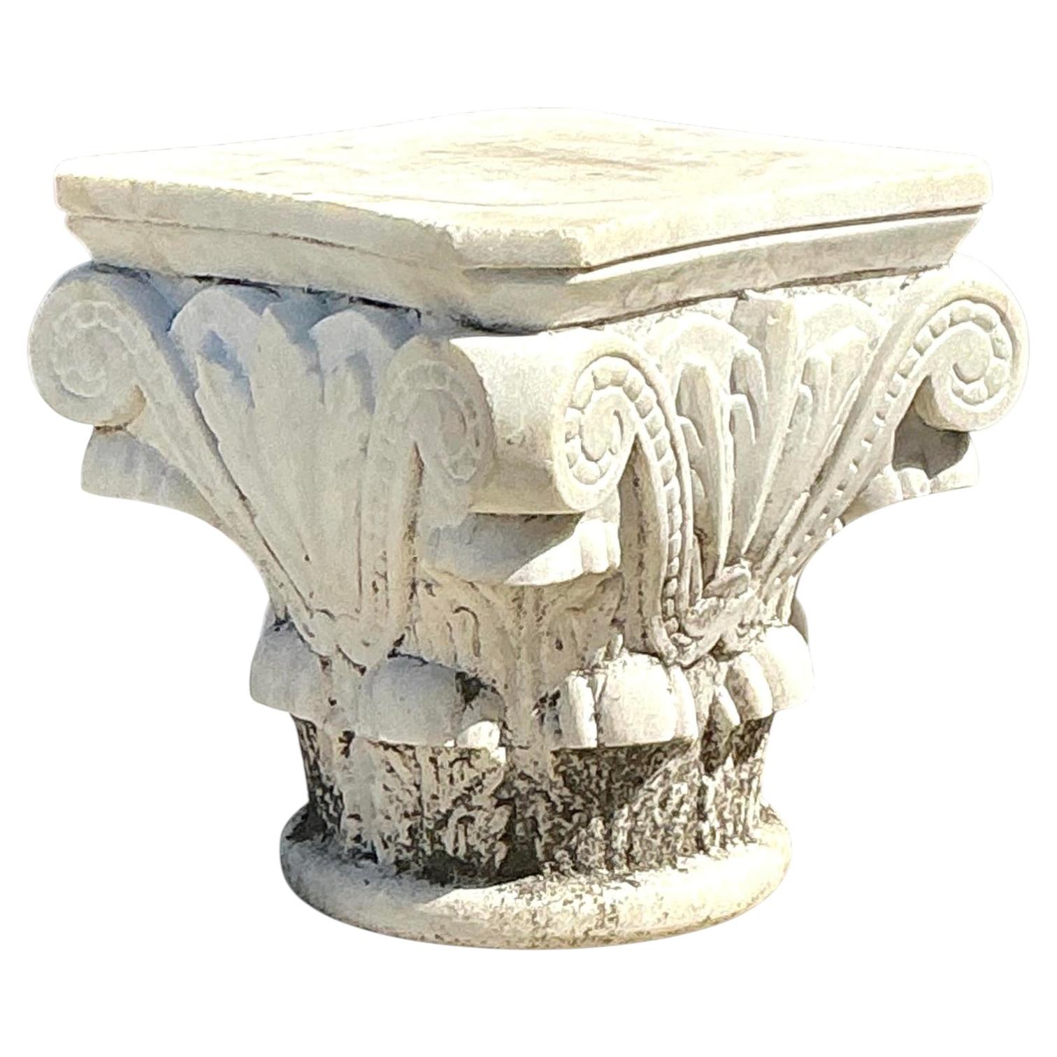Vintage Carved Marble Column Side Table For Sale