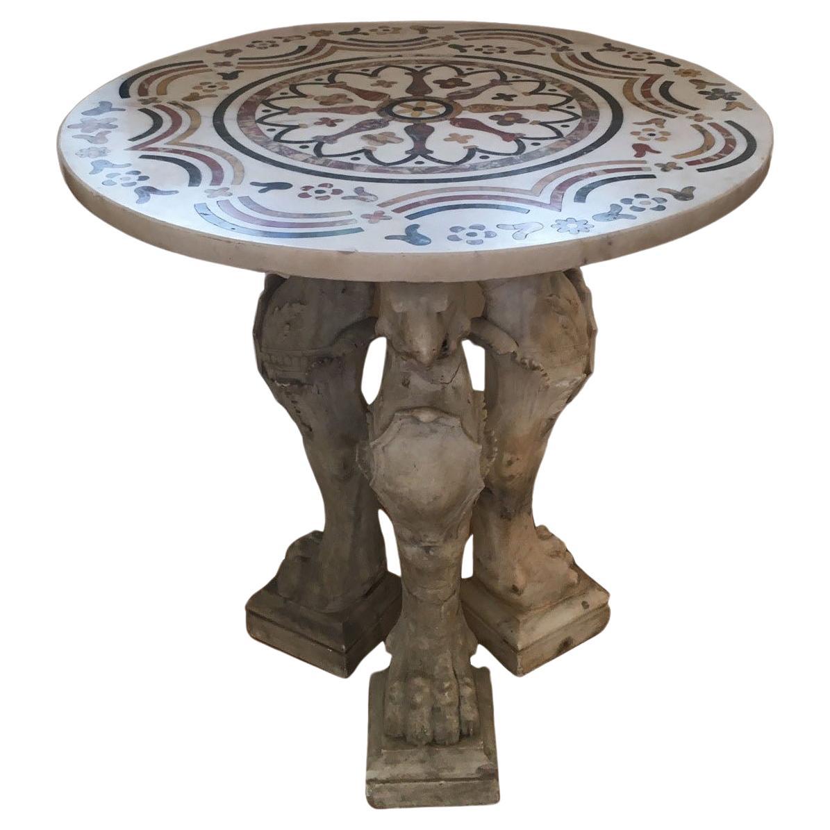 Vintage geschnitzt Marmor Tripod Gargoyle Pedestals w / Seltene Intarsien Marmorplatte Tabelle