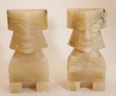 Vintage Carved Mexican Aztec Mayan Figure Onyx Stone Bookends 1950s