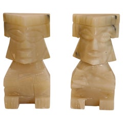 Vintage Carved Mexican Aztec Mayan Figure Onyx Stone Bookends 1950s
