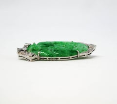 Vintage Carved Moss in Snow Jadeite Jade Brooch with Diamond Accents in Platinum