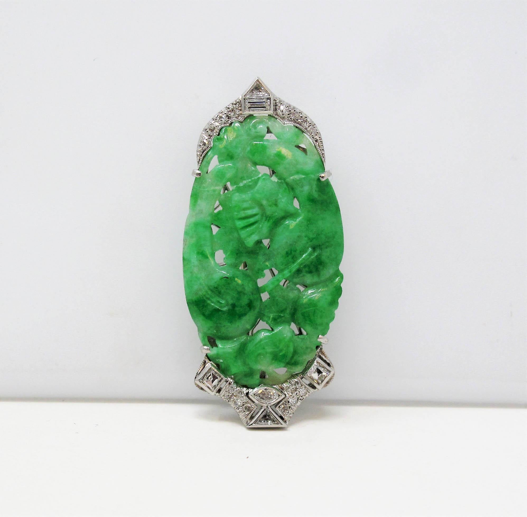 Vintage Carved Moss in Snow Jadeite Jade Brooch with Diamond Accents in Platinum In Fair Condition For Sale In Scottsdale, AZ