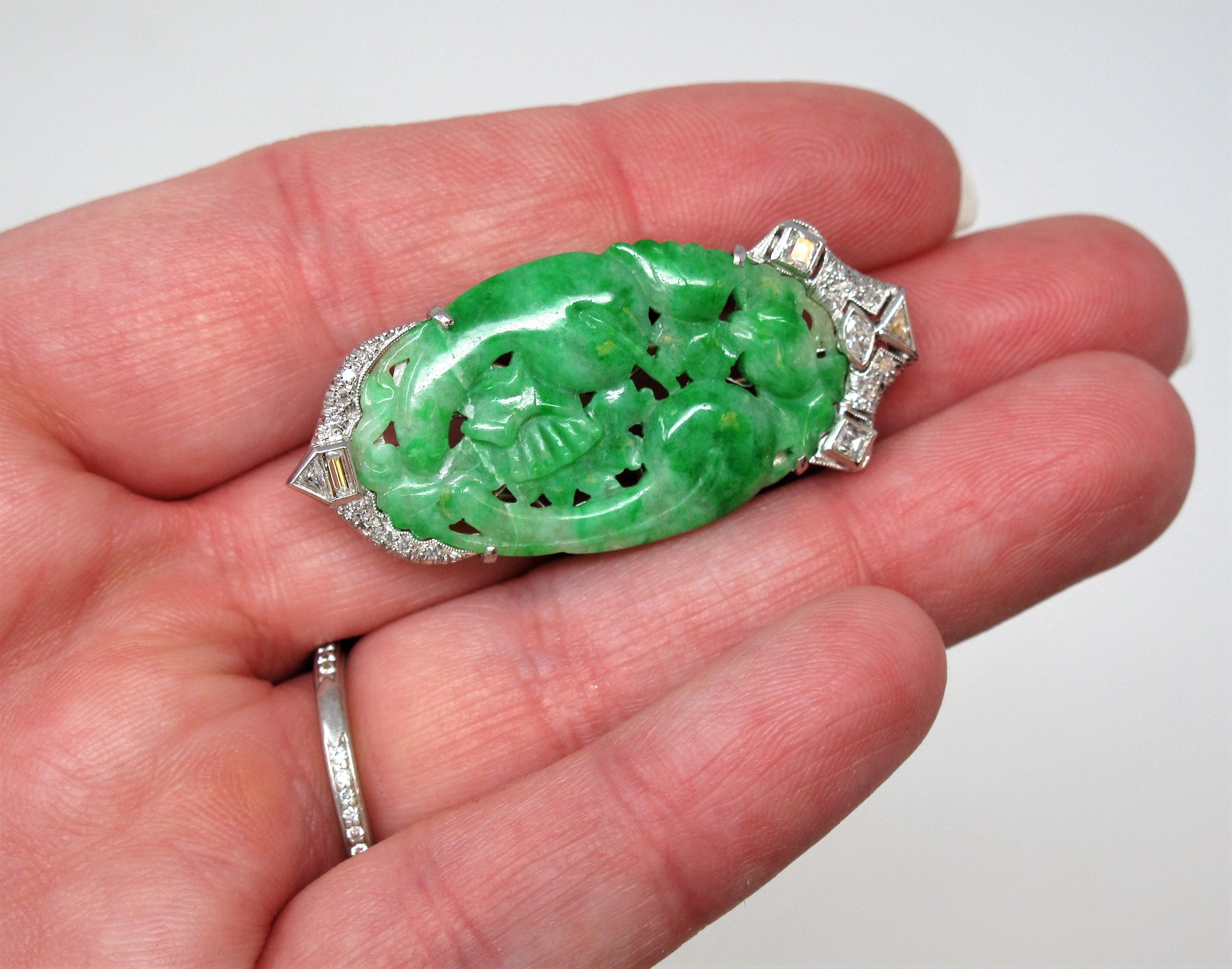 Women's Vintage Carved Moss in Snow Jadeite Jade Brooch with Diamond Accents in Platinum For Sale