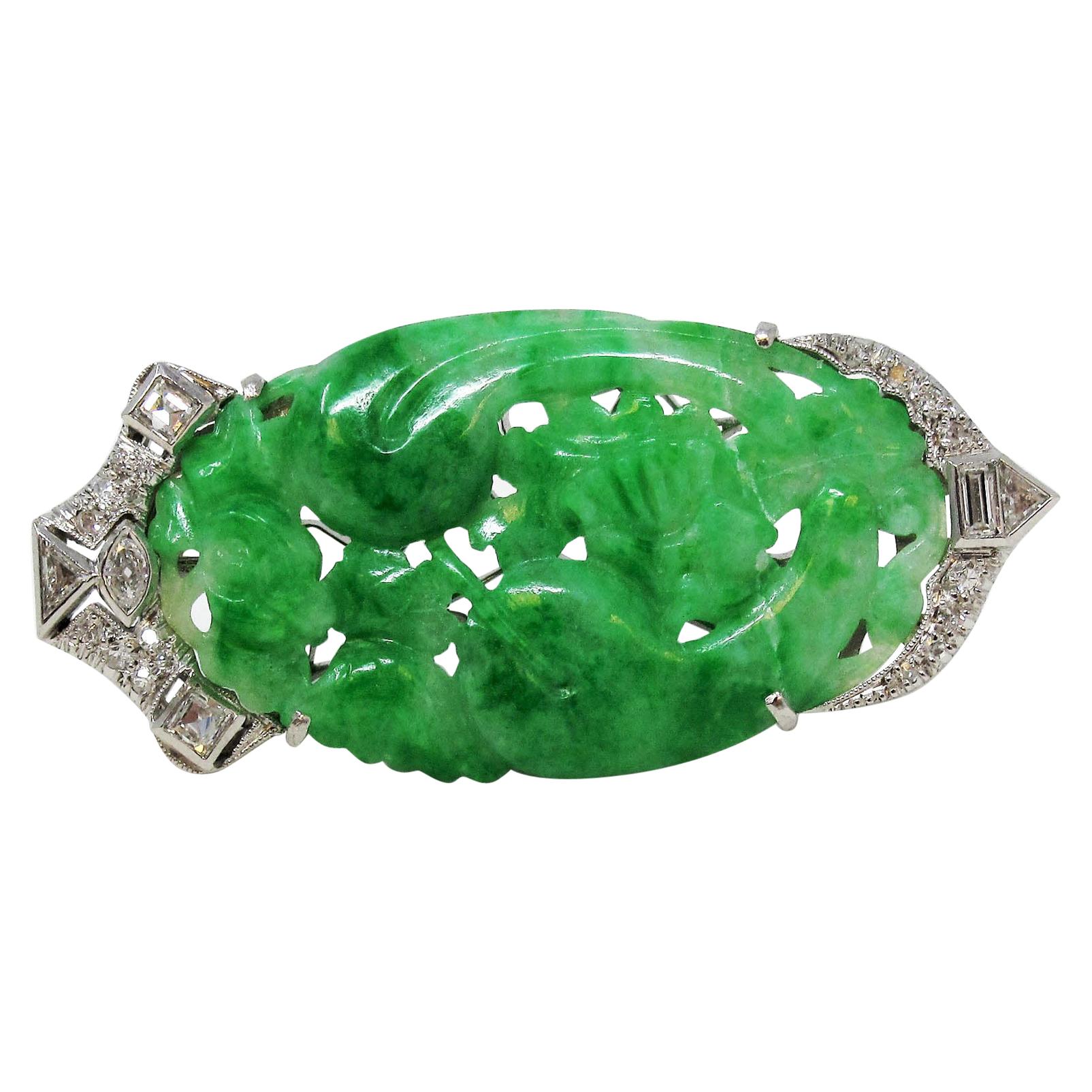 Vintage Carved Moss in Snow Jadeite Jade Brooch with Diamond Accents in Platinum For Sale
