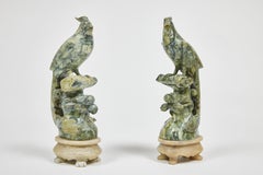 Vintage Carved Mottled Green Stone Birds Pair