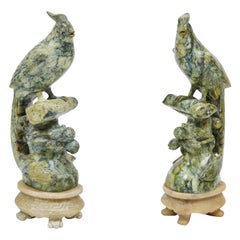 Vintage Carved Mottled Green Stone Birds Pair