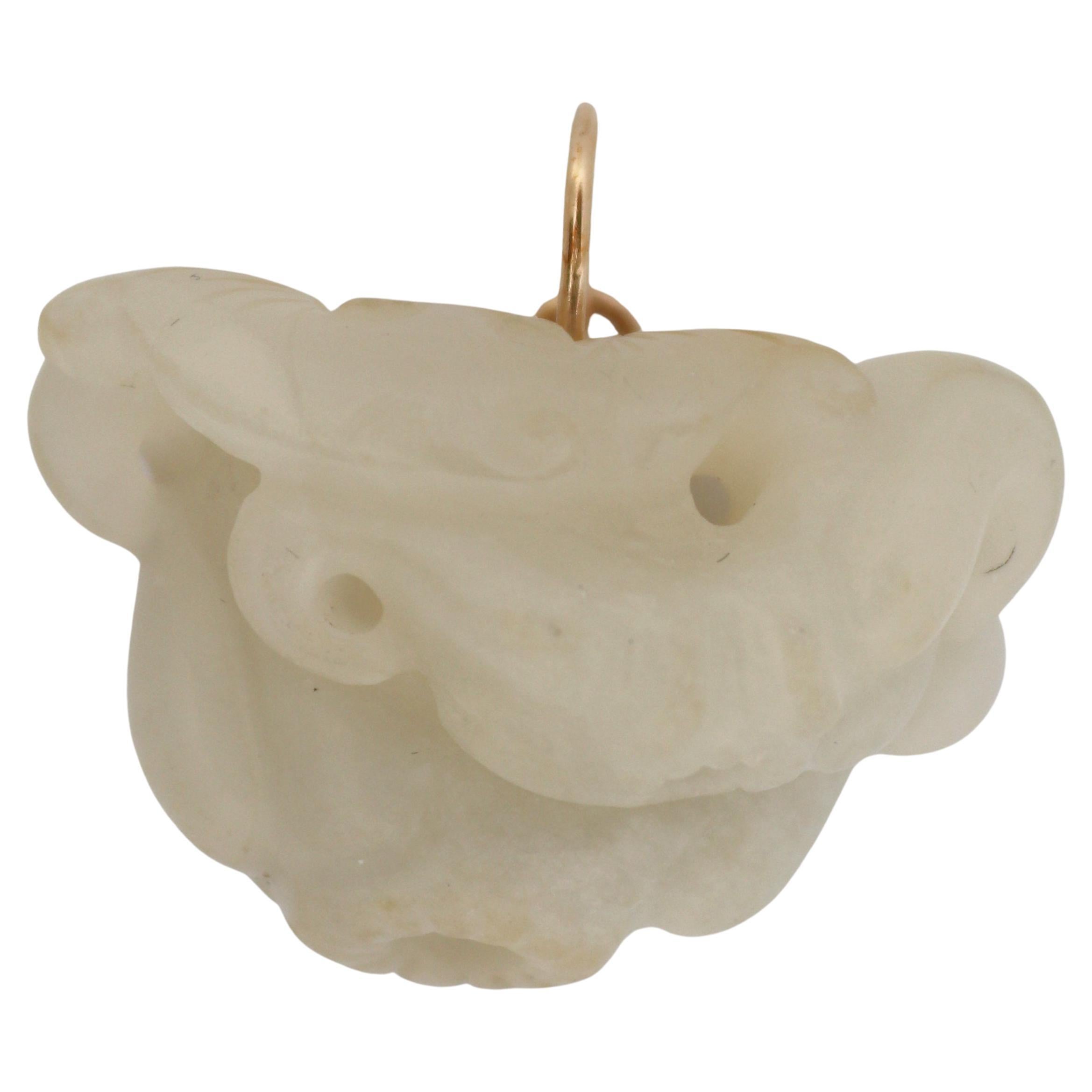 Vintage Carved “Mutton Fat” Nephrite Jade, 14K Yellow Gold Pendant For Sale