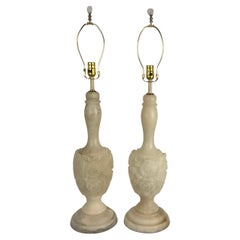 Vintage Carved Natural Alabaster Floral Lamps