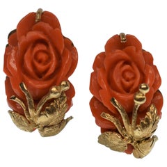 Vintage Carved Natural Coral Rose Yellow Gold Earrings