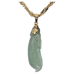 Vintage Carved Natural Jadeite Jade Diamond Pendant Necklace in Yellow Gold