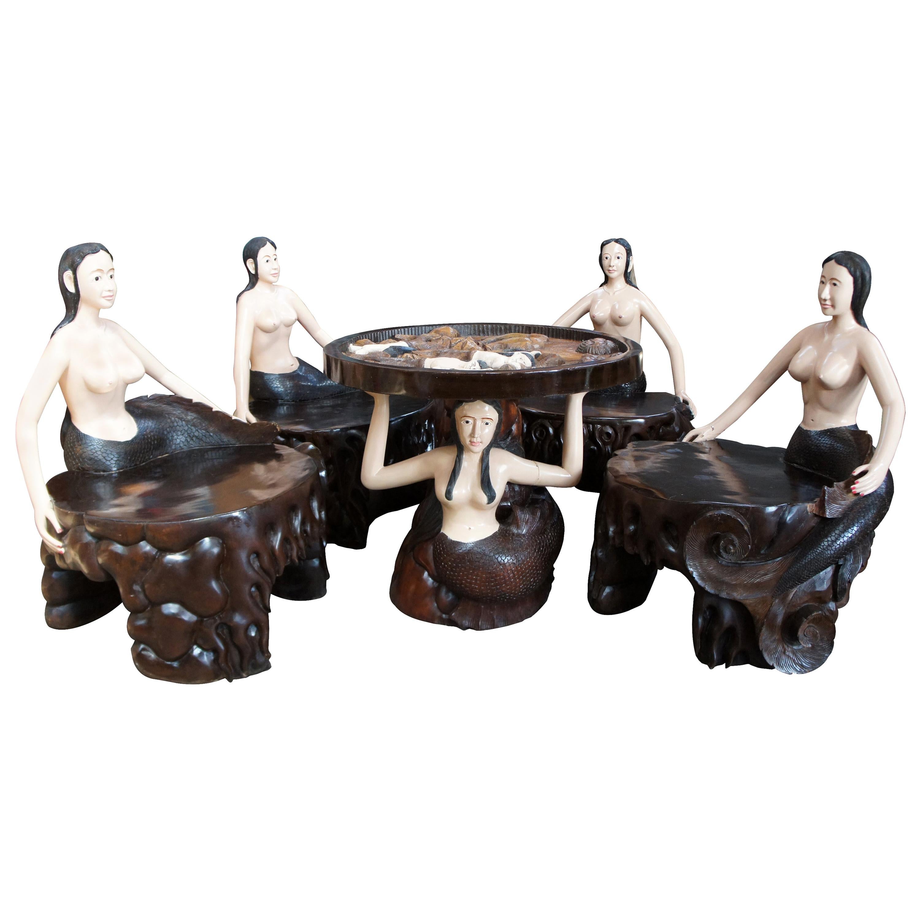 Vintage Carved Nude Figural Mermaid Card Game Table & Chairs Nautical Poker Bali
