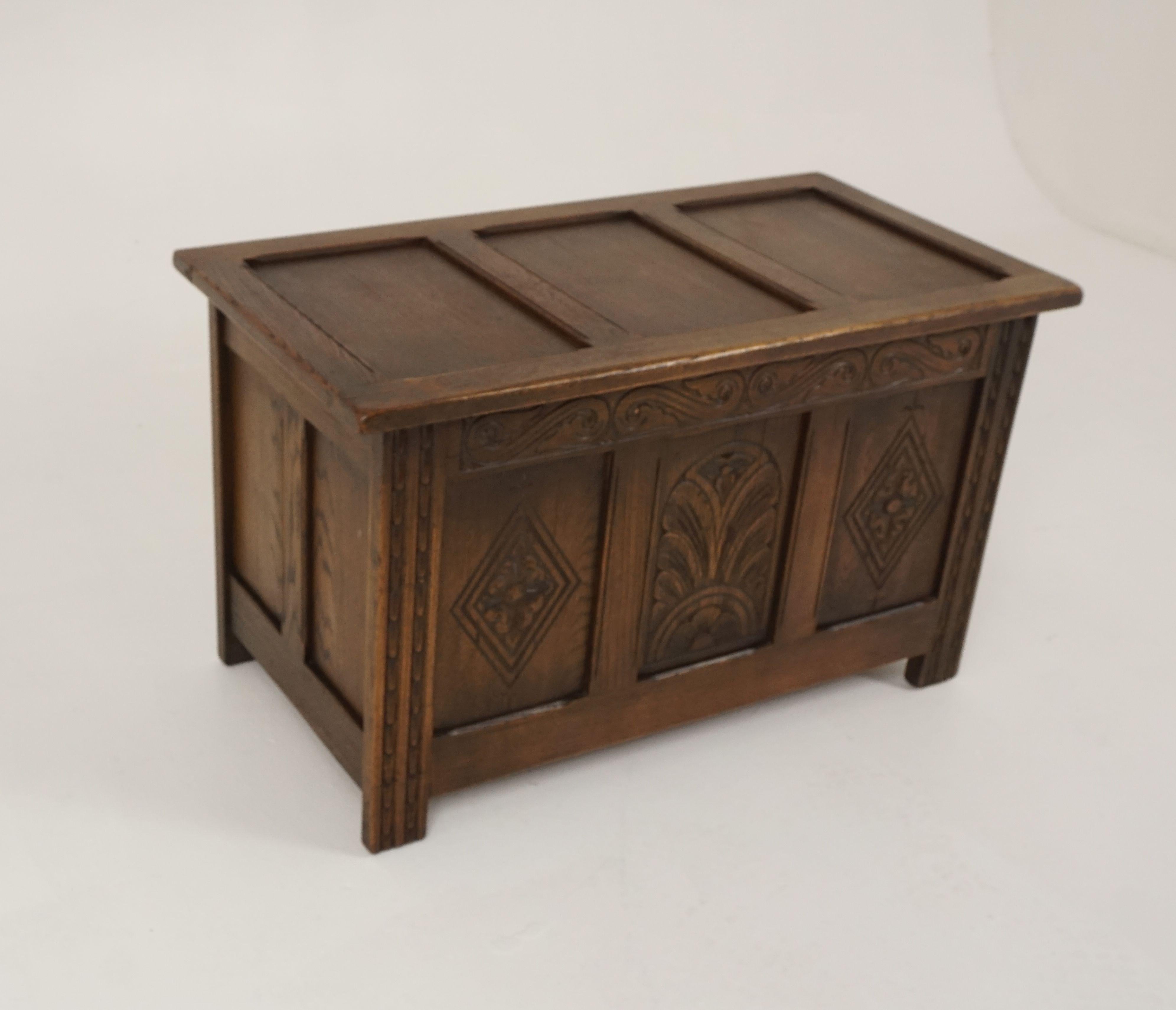 Scottish Vintage Carved Oak Box, Blanket Box, Toy Box, Coffee Table, Scotland 1940, B2311