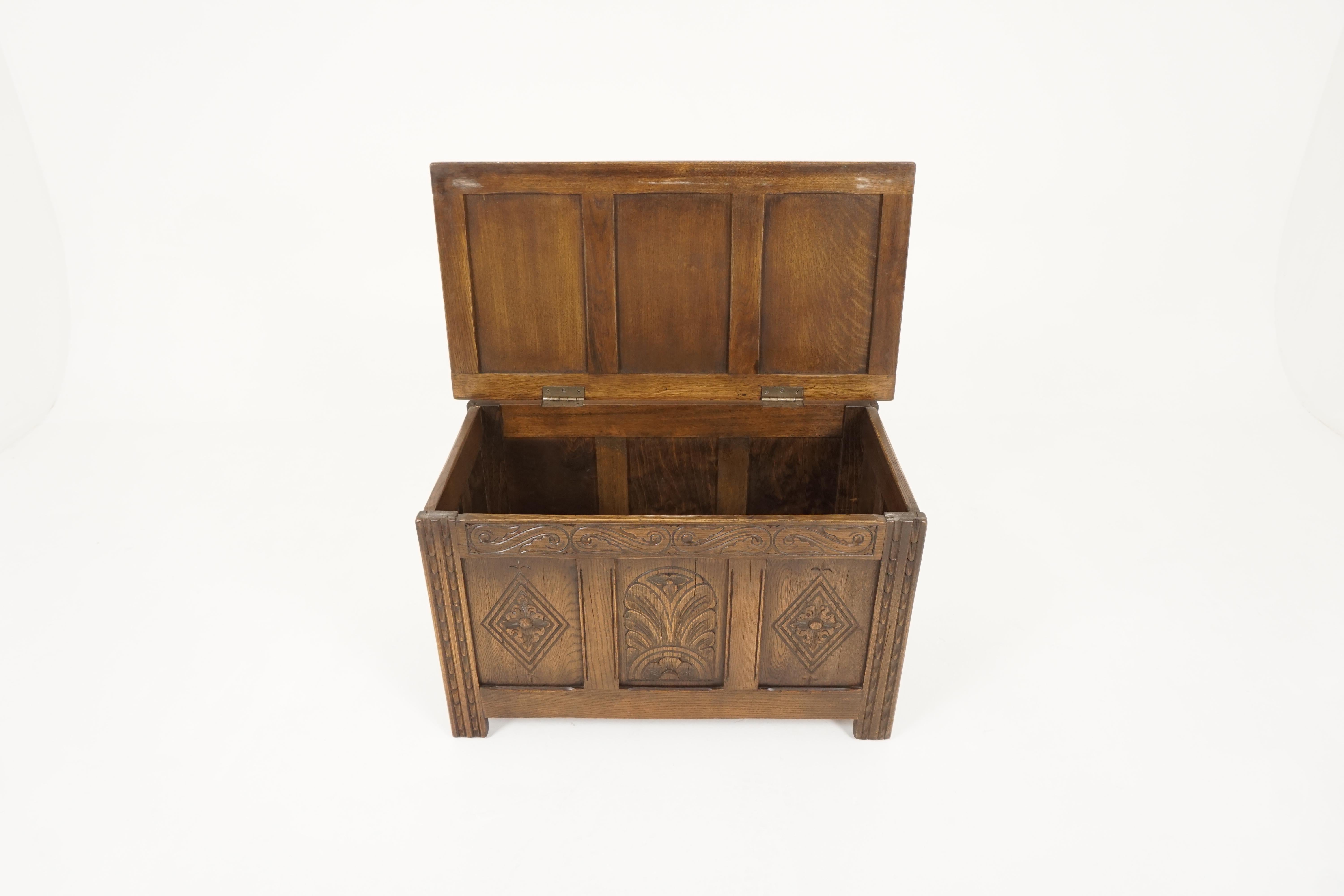 Hand-Crafted Vintage Carved Oak Box, Blanket Box, Toy Box, Coffee Table, Scotland 1940, B2311