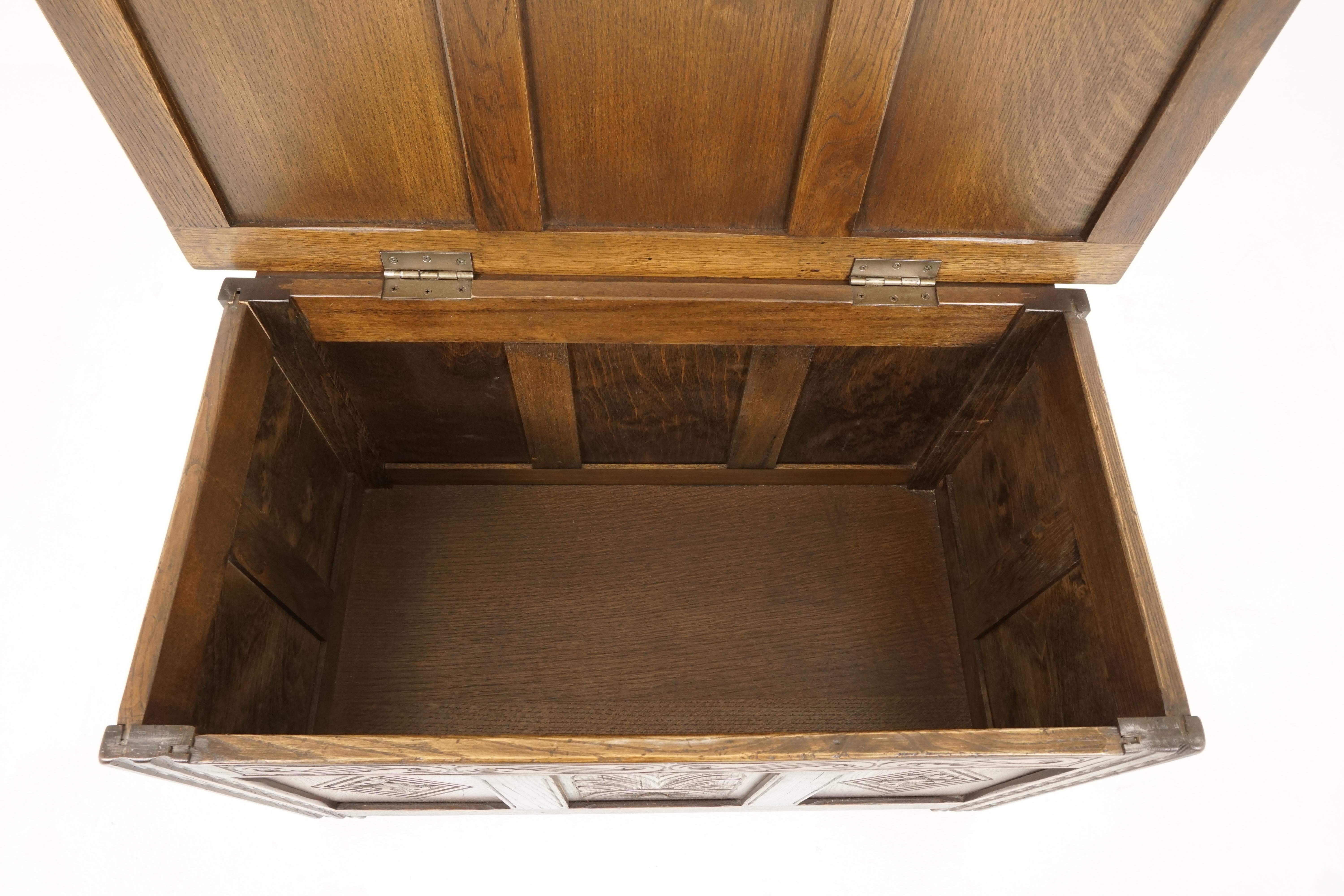 Vintage Carved Oak Box, Blanket Box, Toy Box, Coffee Table, Scotland 1940, B2311 In Good Condition In Vancouver, BC
