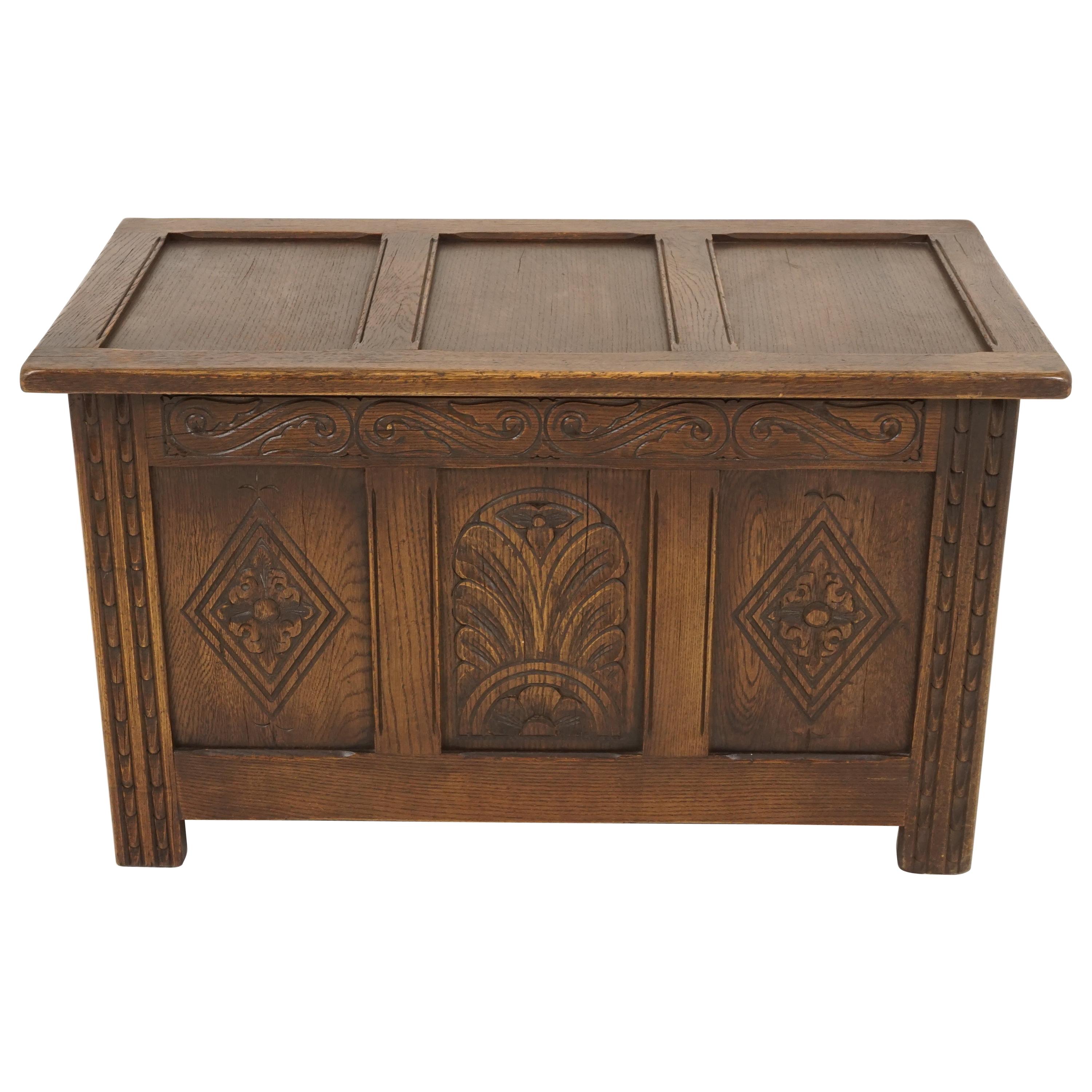 Vintage Carved Oak Box, Blanket Box, Toy Box, Coffee Table, Scotland 1940, B2312