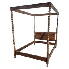 Vintage Carved Oak Canopy Barley Twist Posters Queen Size Bed
