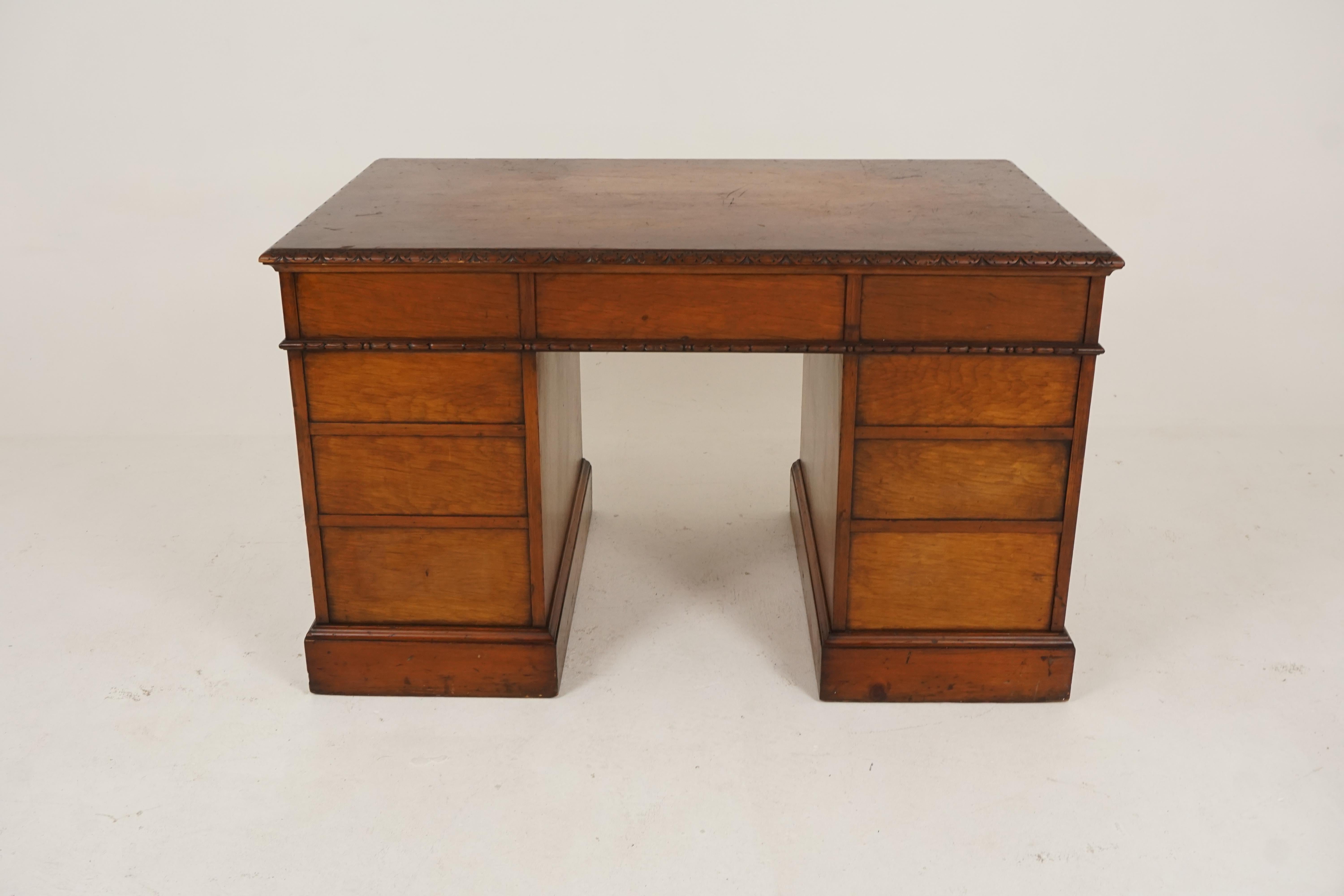 Vintage Carved Oak Double Pedestal Desk, Scotland 1930, B2319 1