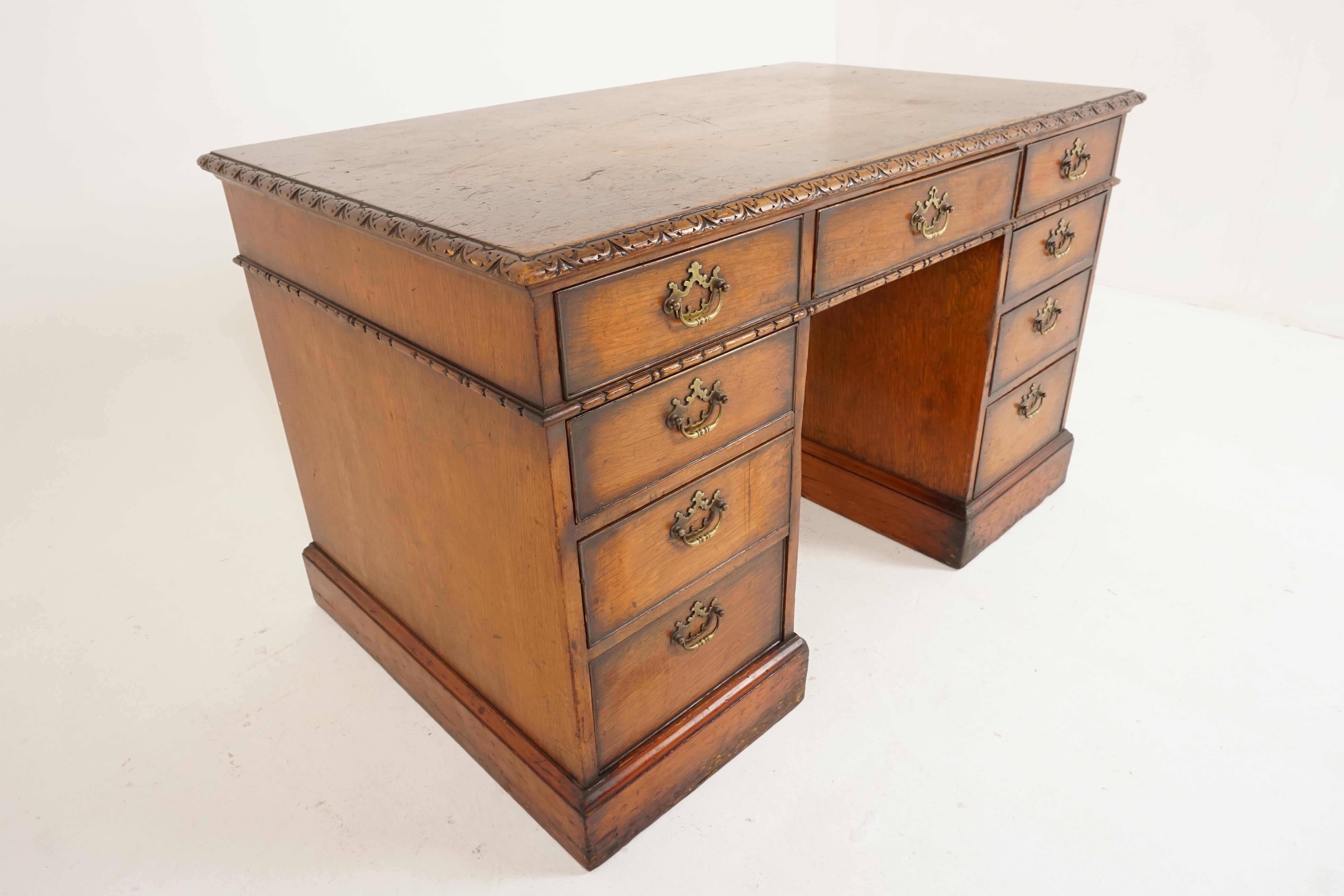 Mid-20th Century Vintage Carved Oak Double Pedestal Desk, Scotland 1930, B2319