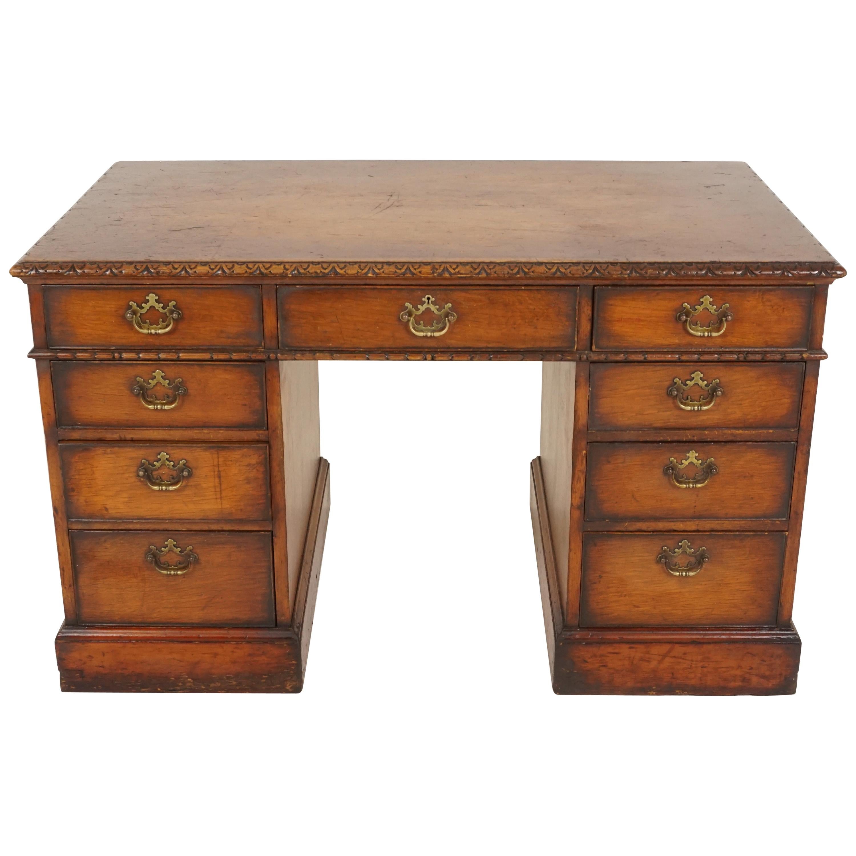 Vintage Carved Oak Double Pedestal Desk, Scotland 1930, B2319